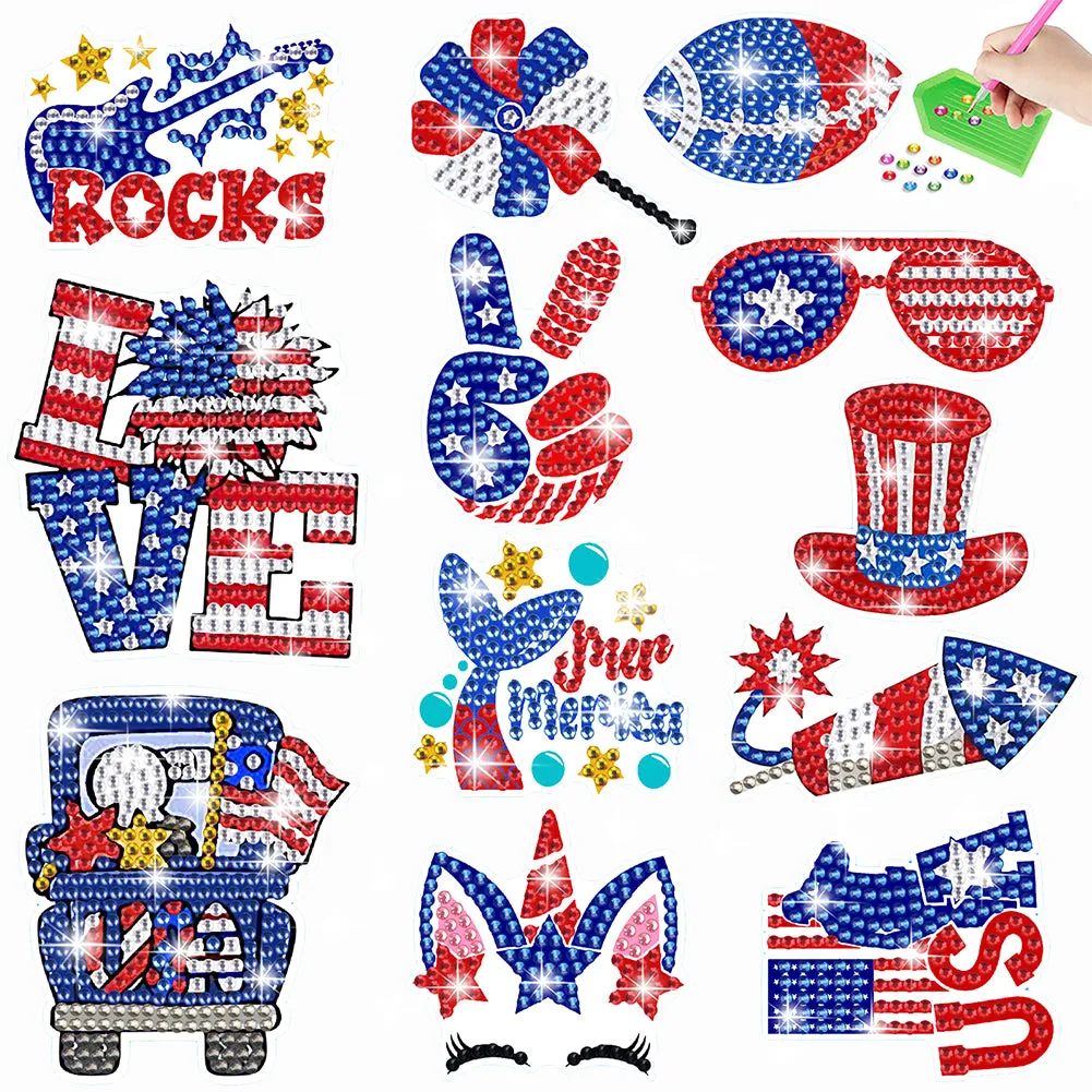 12Pcs Independence Day Elements Diamond Painting Sticker Rhinestone Stickers