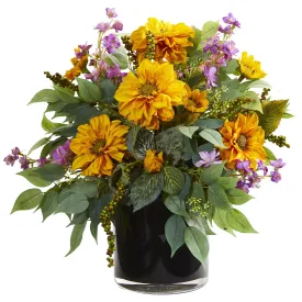 16” Dancing Daisy, Zinnia and Mix Greens Arrangement in Vase