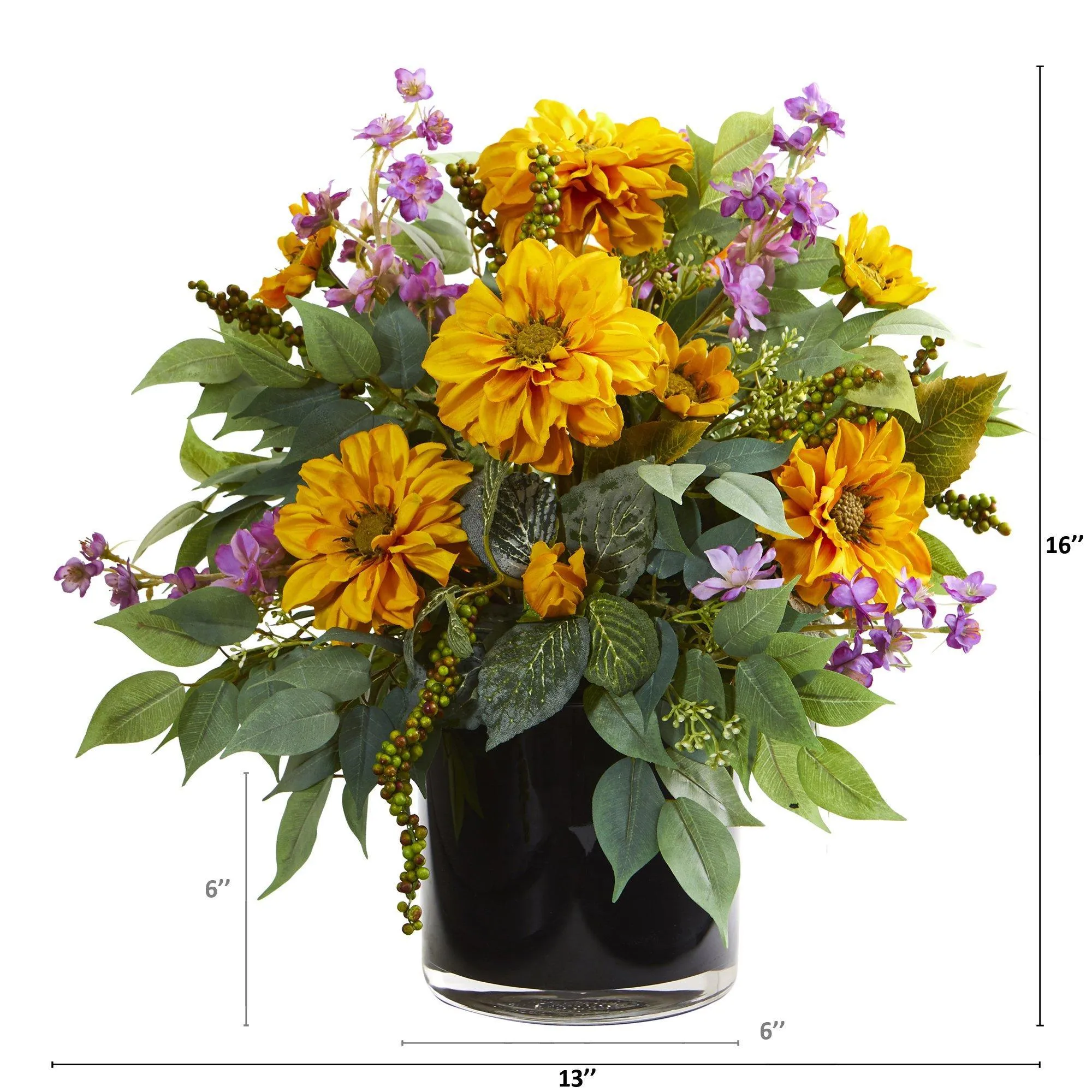 16” Dancing Daisy, Zinnia and Mix Greens Arrangement in Vase