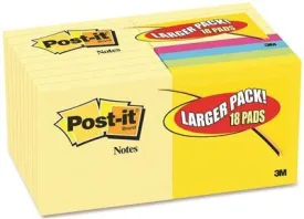 3M Note Bonus Pack Pads' 3 X 3' Canary Yellow/Ast.'100-Sheet 18/Pack