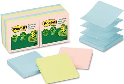 3M Recycled Pop-Up Notes Refill 3 X 3 Pastel 100 Sheets/Pad 12 Pads/Pack