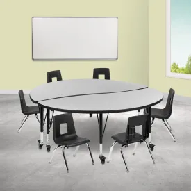 60" Circle Wave Grey Table Set XU-GRP-12CH-A60-HCIRC-GY-T-P-CAS-GG