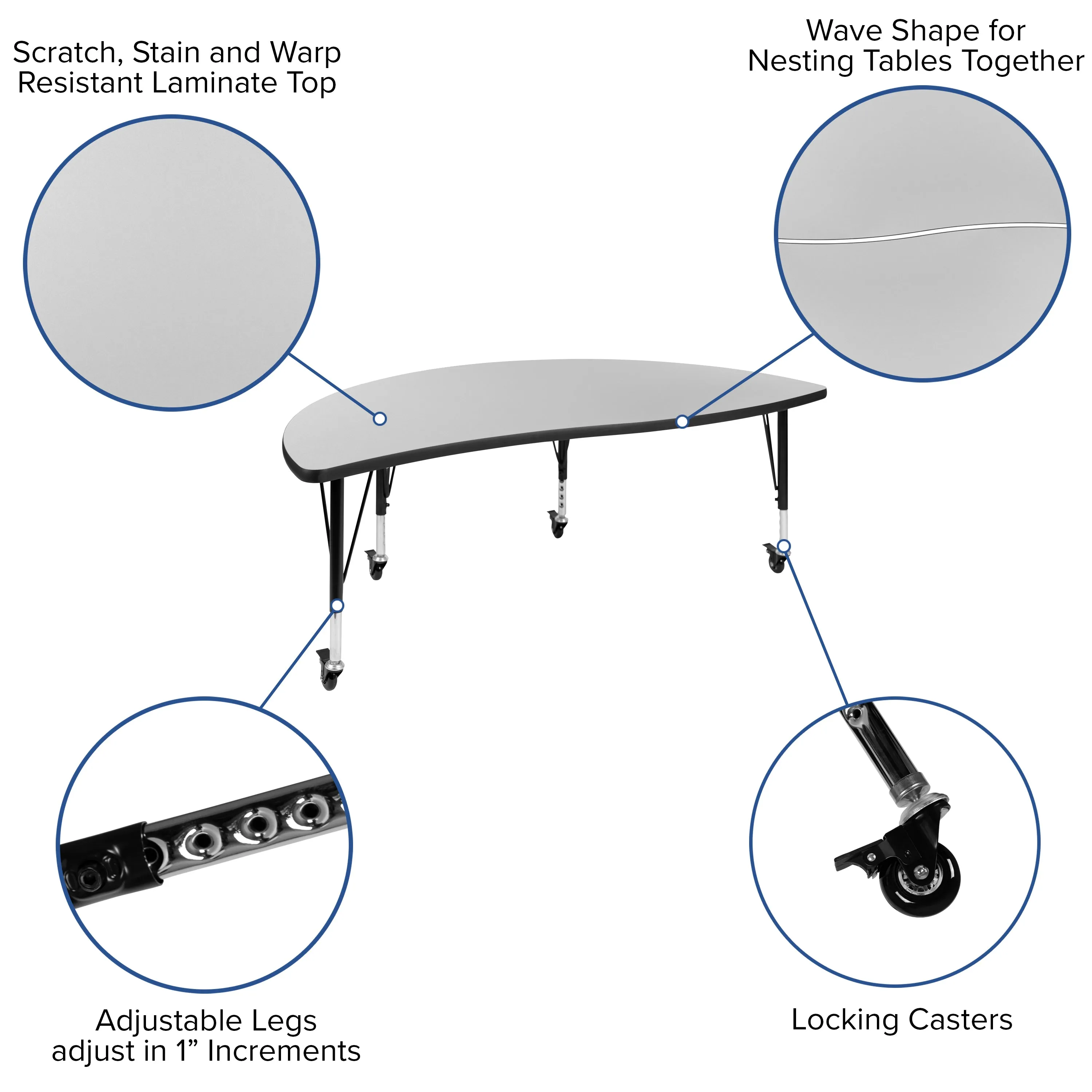 60" Circle Wave Grey Table Set XU-GRP-12CH-A60-HCIRC-GY-T-P-CAS-GG