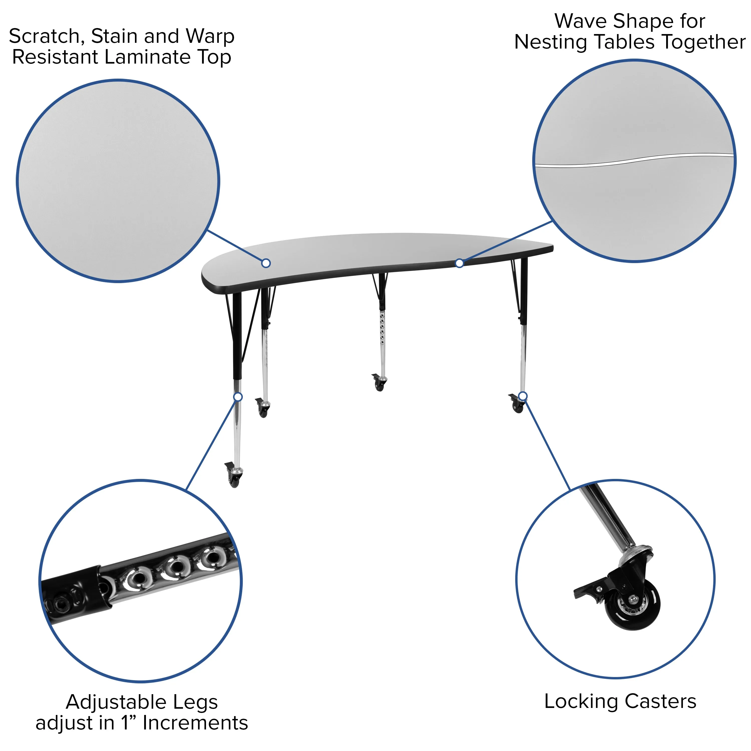 60" Circle Wave Grey Table Set XU-GRP-16CH-A60-HCIRC-GY-T-A-CAS-GG