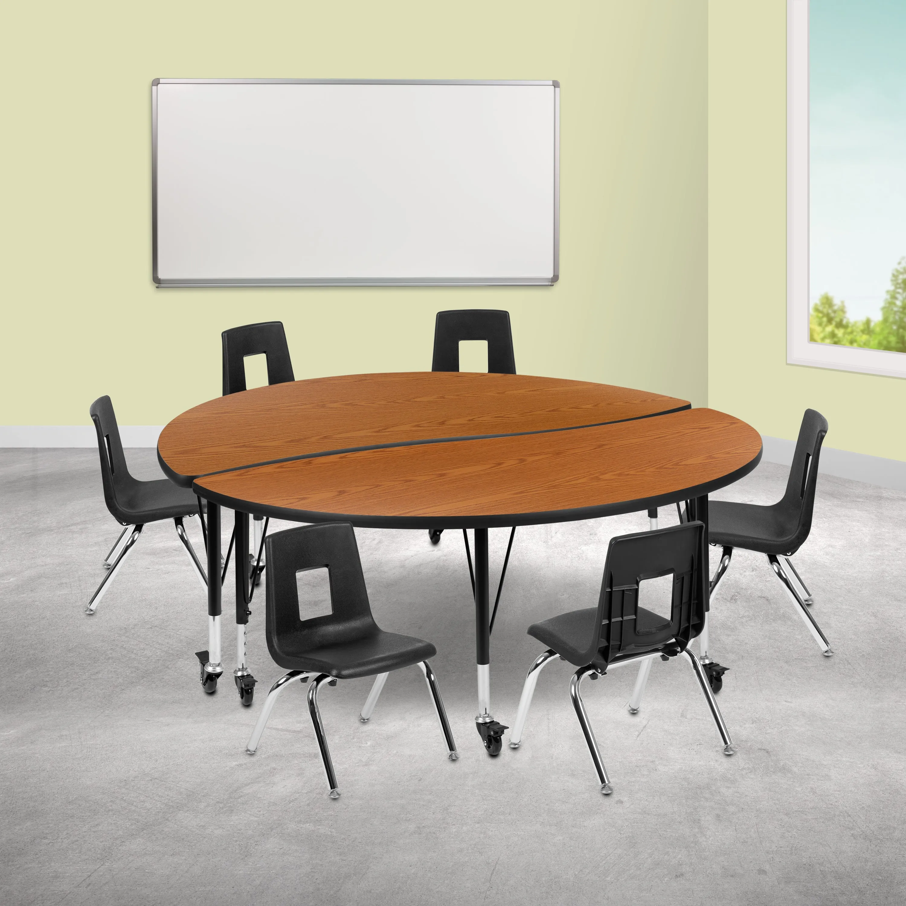 60" Circle Wave Oak Table Set XU-GRP-14CH-A60-HCIRC-OAK-T-P-CAS-GG