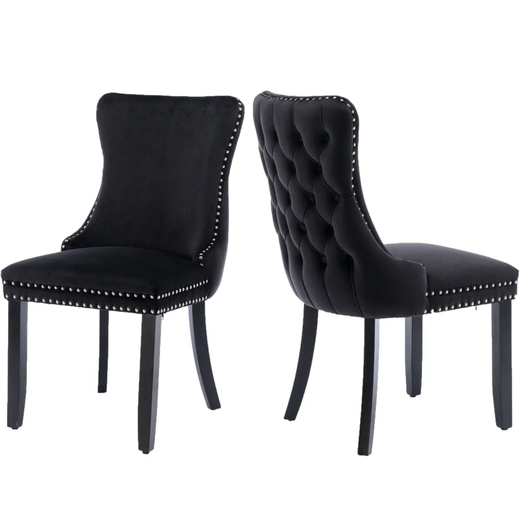 6x Tufted Velvet Upholstered Dining Chairs, Solid Wood Legs