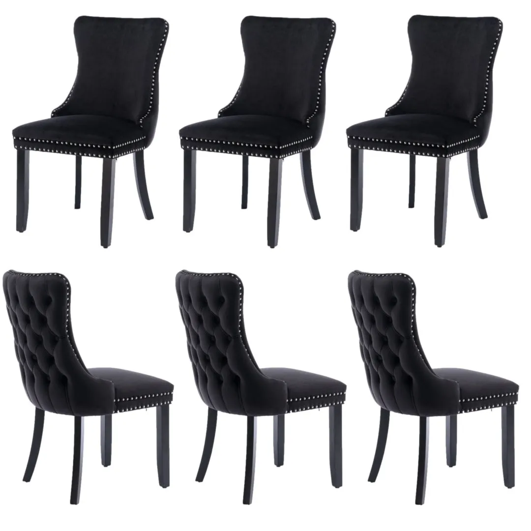 6x Tufted Velvet Upholstered Dining Chairs, Solid Wood Legs