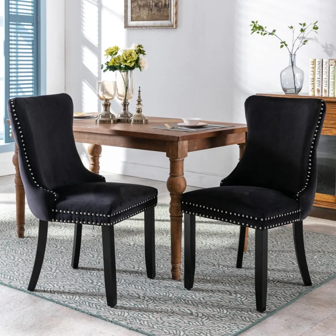 6x Tufted Velvet Upholstered Dining Chairs, Solid Wood Legs