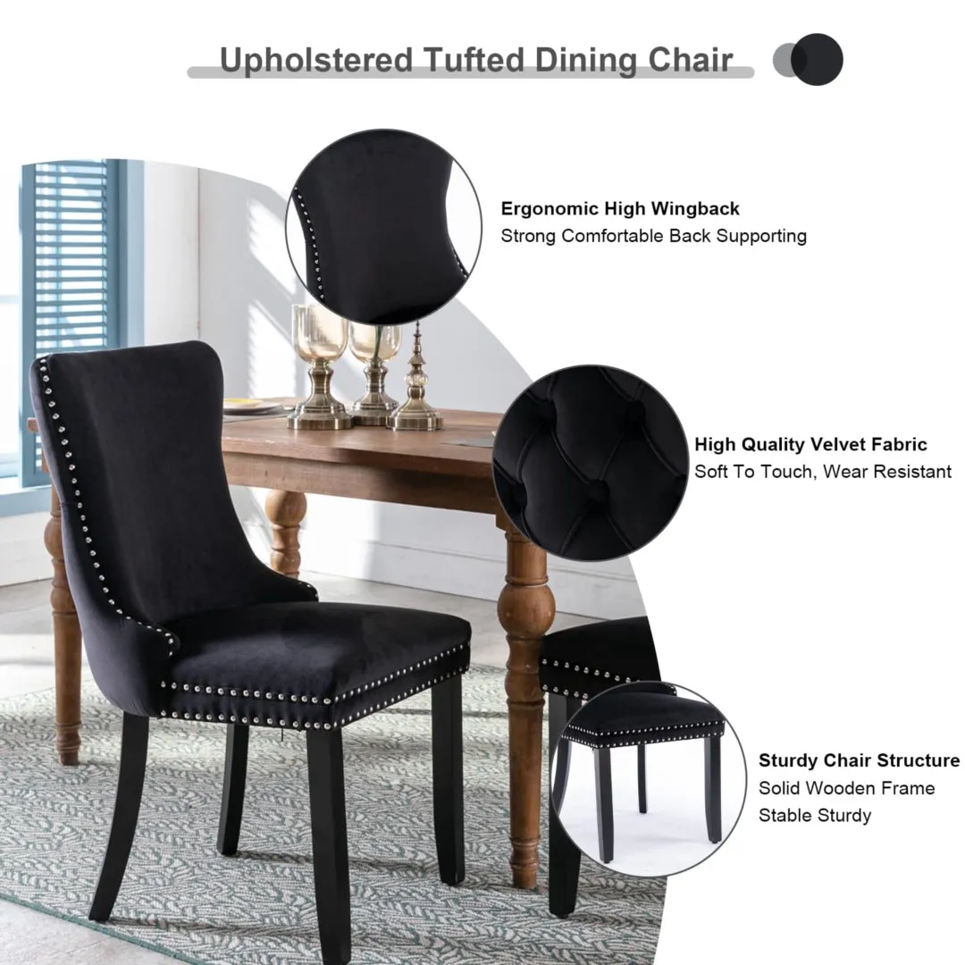 6x Tufted Velvet Upholstered Dining Chairs, Solid Wood Legs