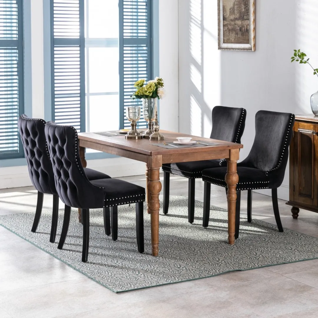 6x Tufted Velvet Upholstered Dining Chairs, Solid Wood Legs