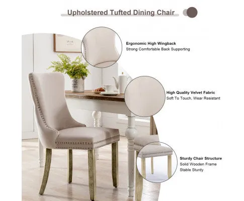 6x Velvet Upholstered Dining Chairs Tufted Wingback Side Chair with Studs Trim Solid Wood Legs for Kitchen