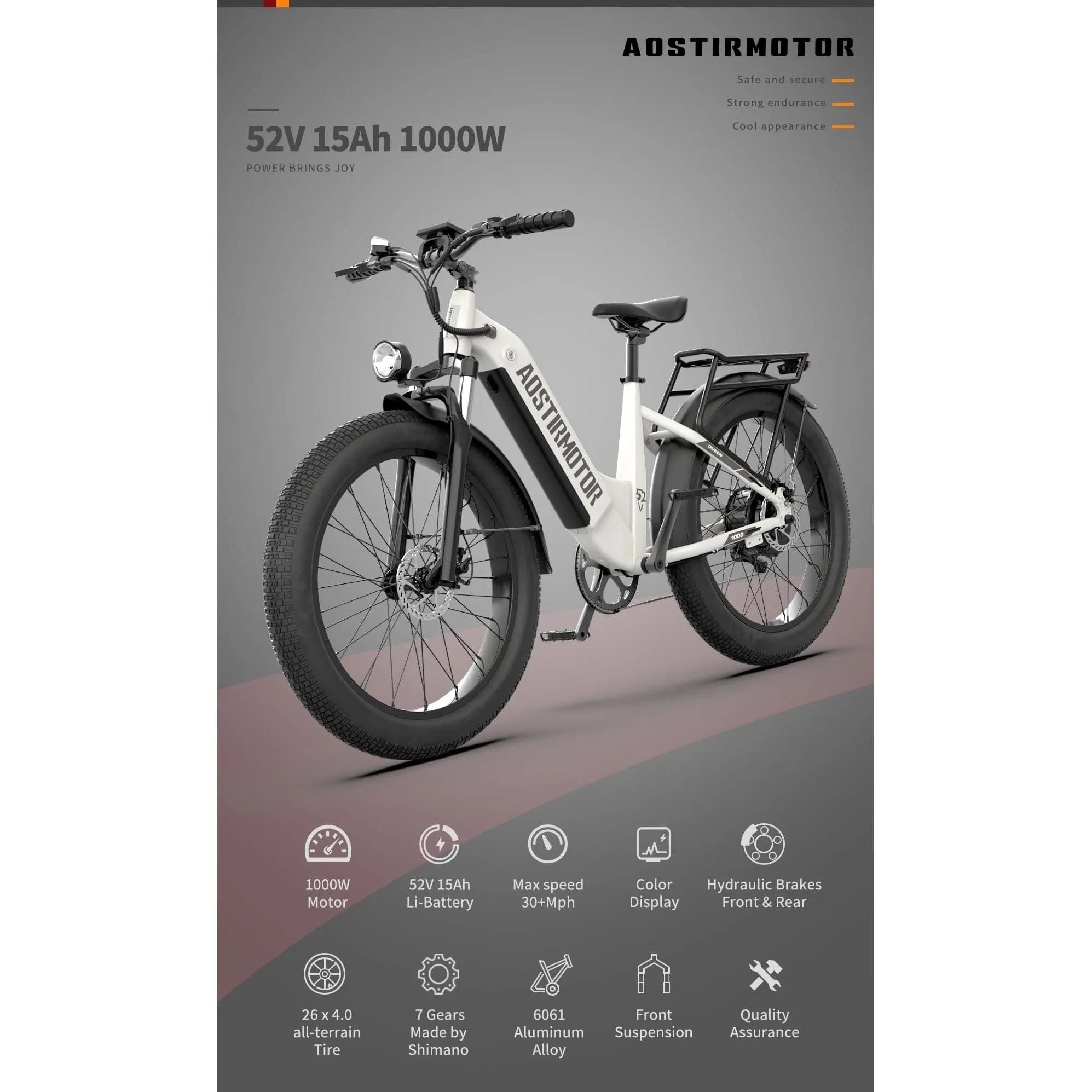 Aostirmotor Queen 1000W 52V All Terrain Step-Thru  Fat Tire Electric Bike