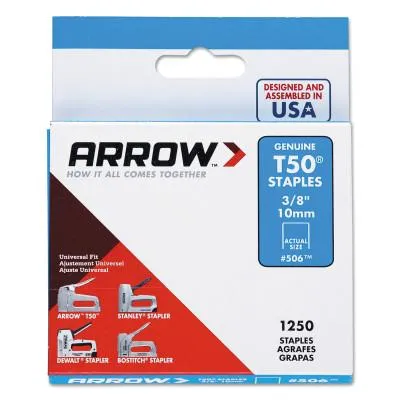 Arrow Fastener T50® Type Staple, 3/8 in L x 3/8 in W, 1,250/PK, 50624