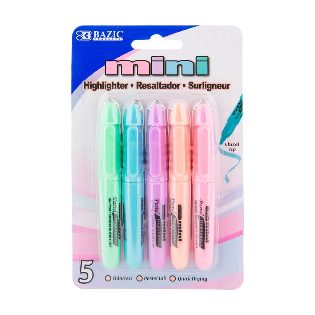 Bazic Mini Pastel Highlighter with Cap Clip 5pk