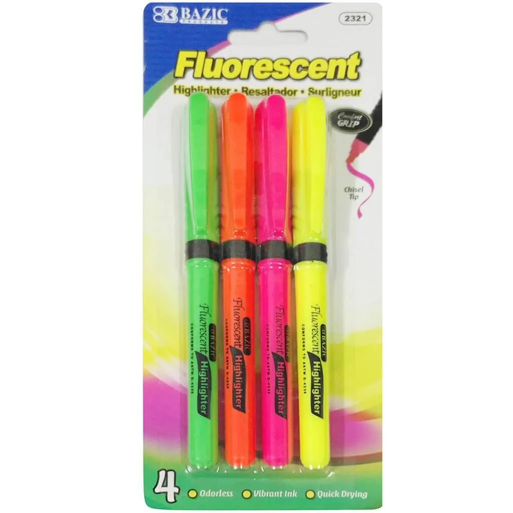 Bazic Pen Style Fluorescent Highlighter Yellow with Cushion Grip Pack of 4