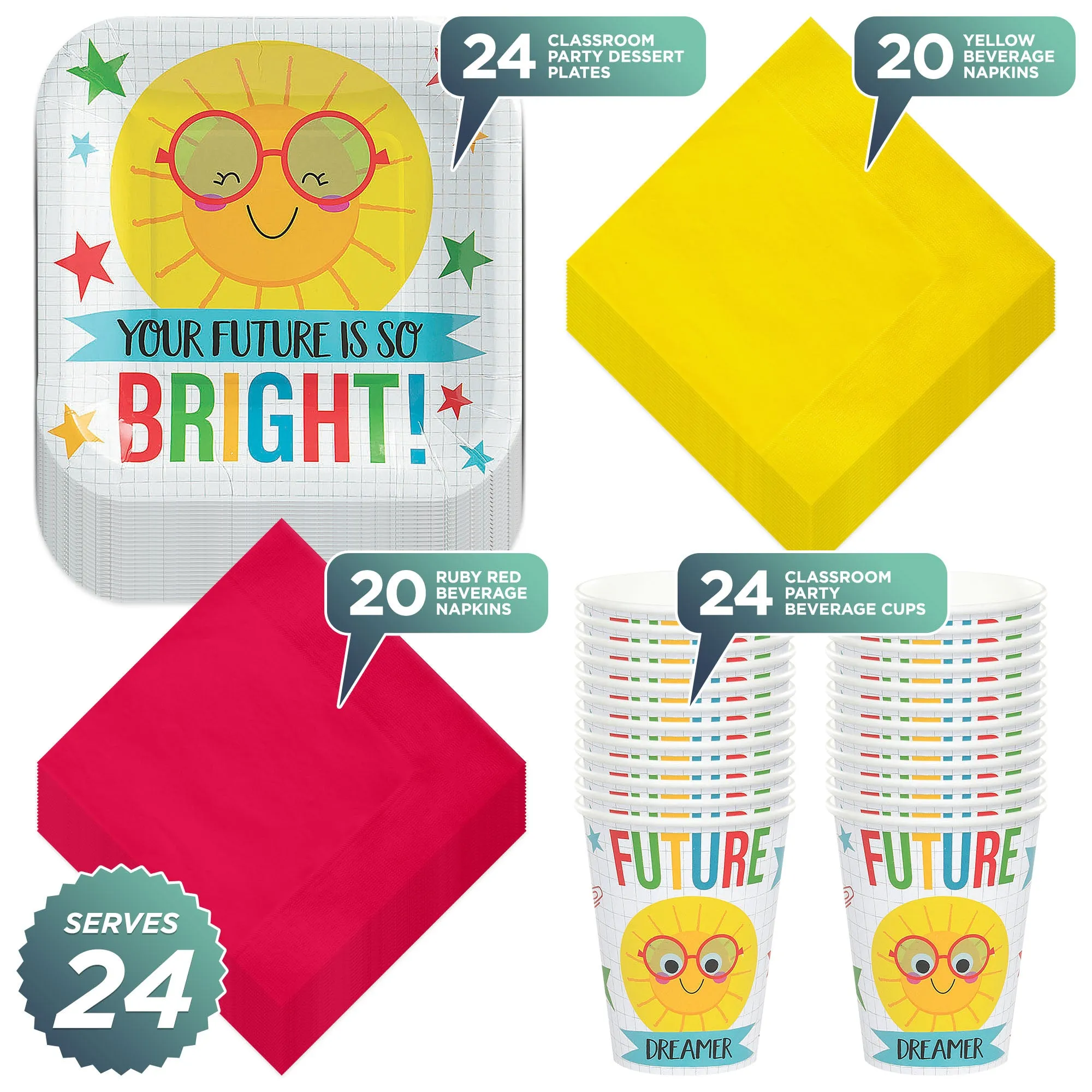 Bright Future Classroom Party Supplies - Paper Plates, Napkins, and Cups (Serves 24)