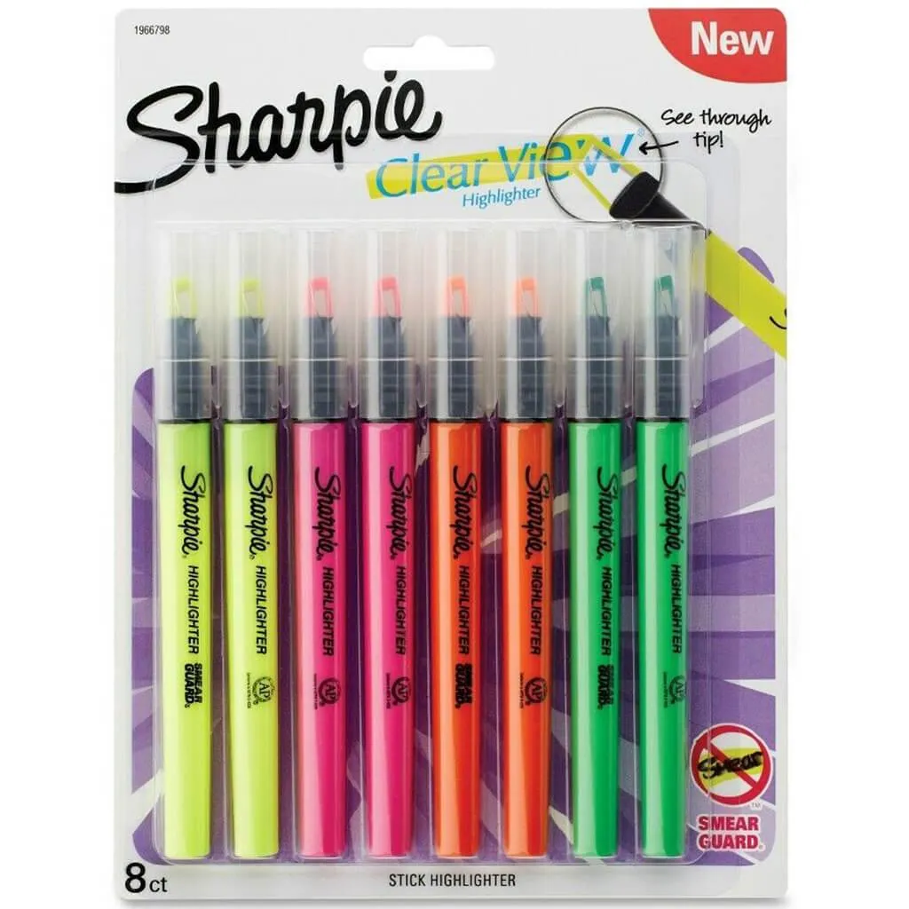 Clear View Highlighter Stick Assorted 8pcs