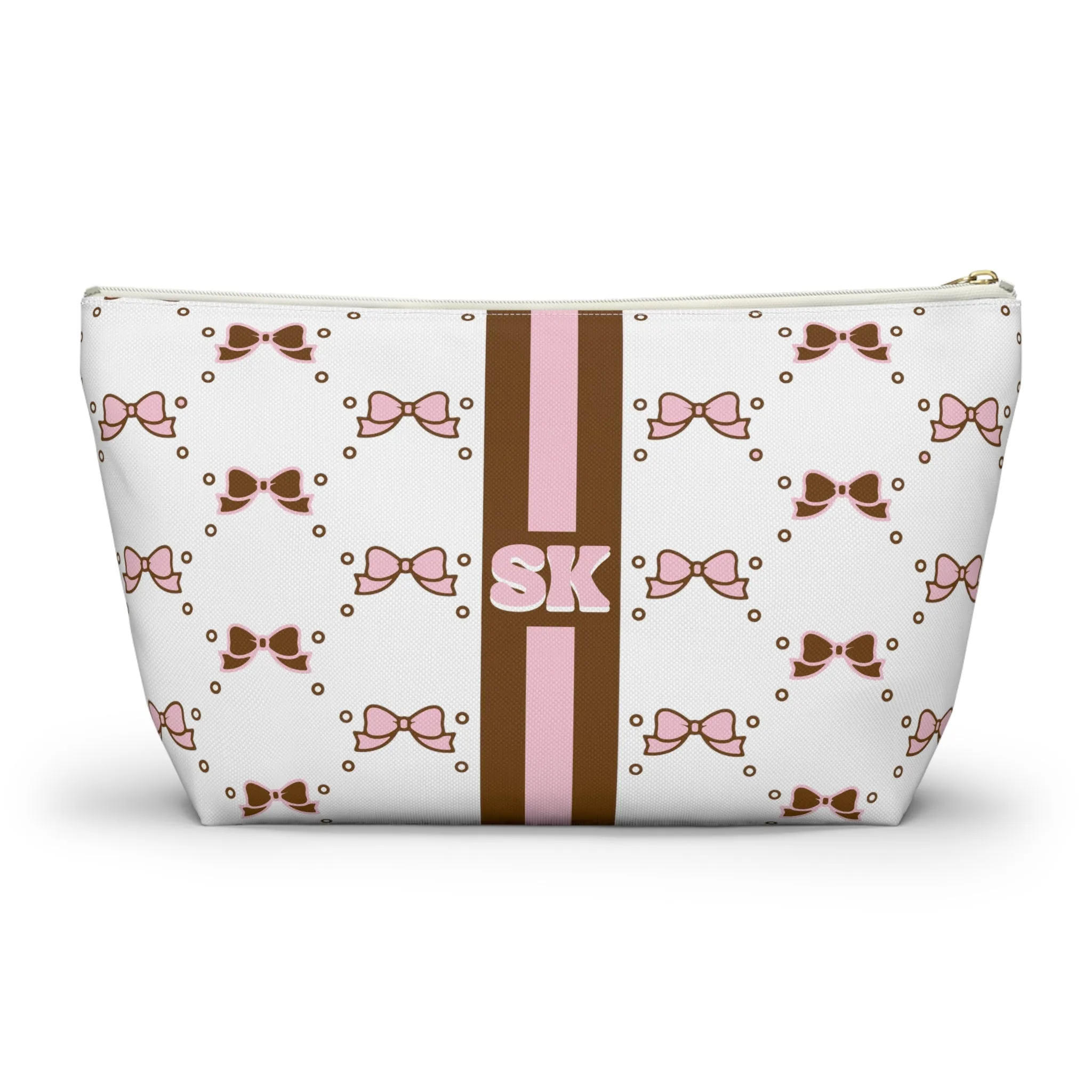 Custom Initial Personalized Bow Makeup Bag - Custom Initial, Makeup Bag, Brown and Pink, Personalized, Bow Aesthetic