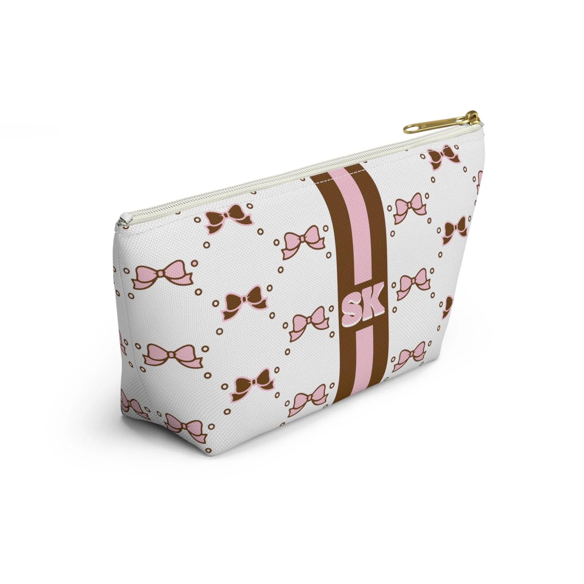 Custom Initial Personalized Bow Makeup Bag - Custom Initial, Makeup Bag, Brown and Pink, Personalized, Bow Aesthetic