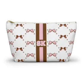 Custom Initial Personalized Bow Makeup Bag - Custom Initial, Makeup Bag, Brown and Pink, Personalized, Bow Aesthetic