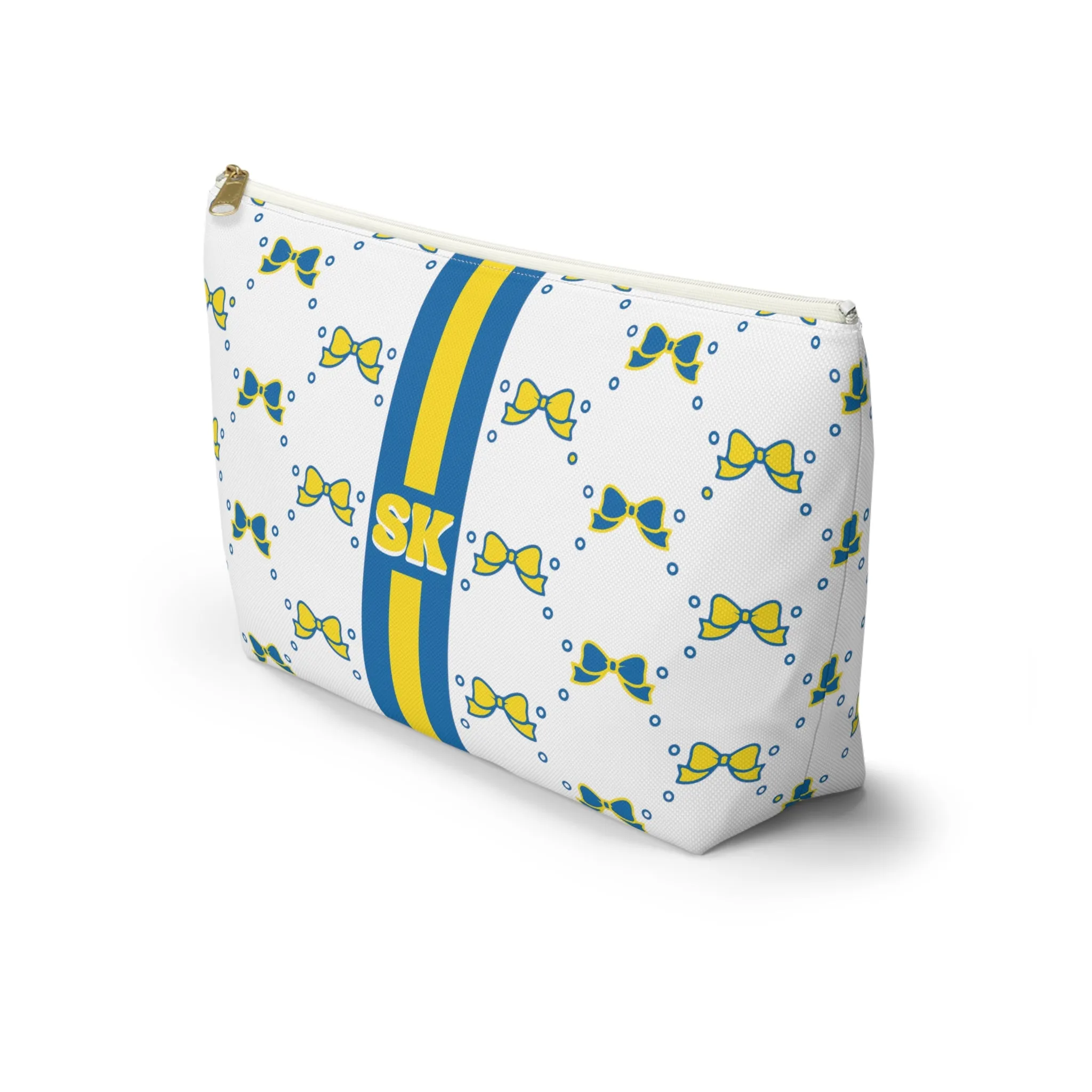 Custom Initial Personalized Bow Makeup Bag - Custom Initial, Makeup Bag, Delaware, Blue and Yellow, Blue Hens, Personalized, Bow Aesthetic