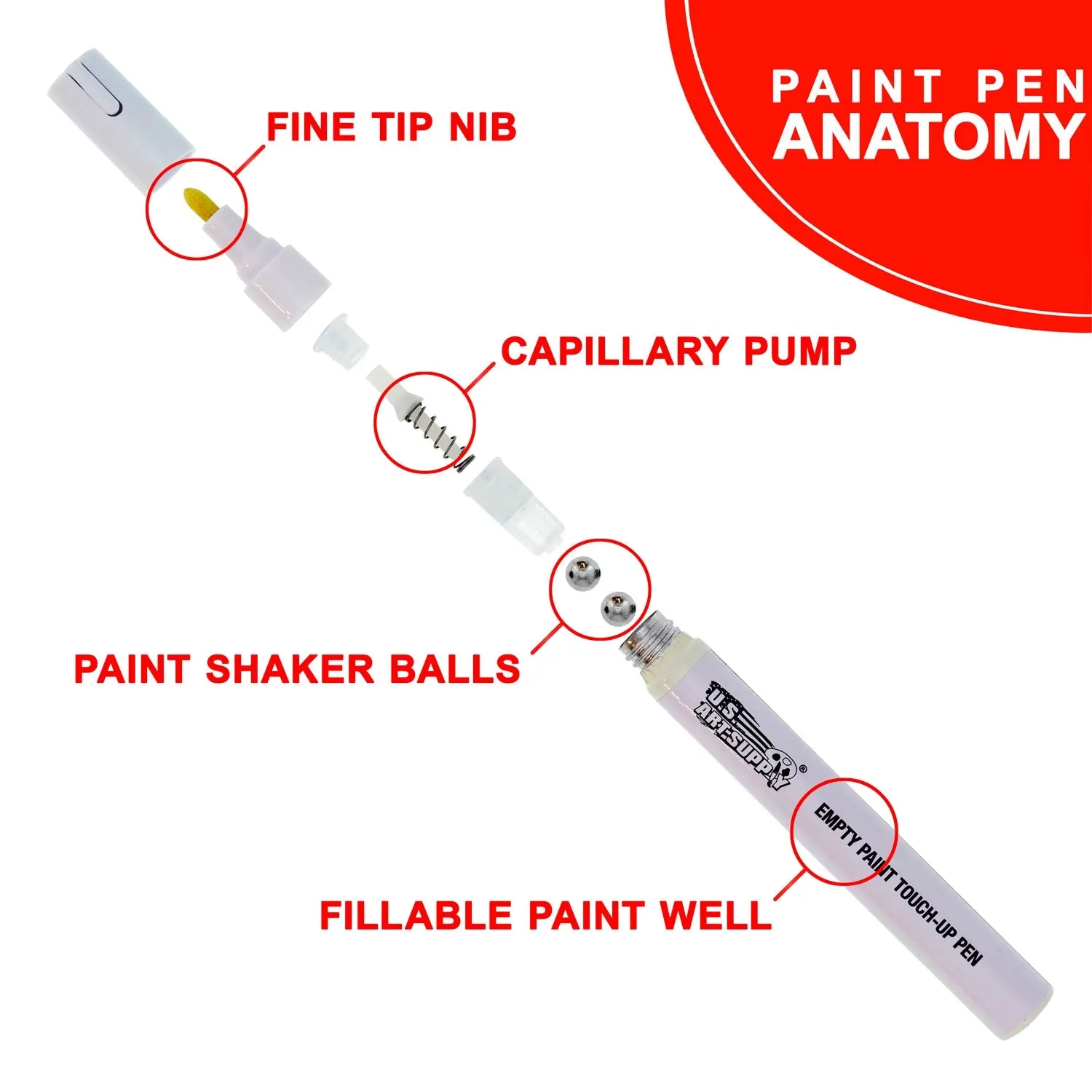 Empty Fillable Blank Paint Touch Up Pen Markers (Set of 6) - Fill with Your Own Art Acrylic, Oil and Water Base Paint, Auto Painting Clear-Coat