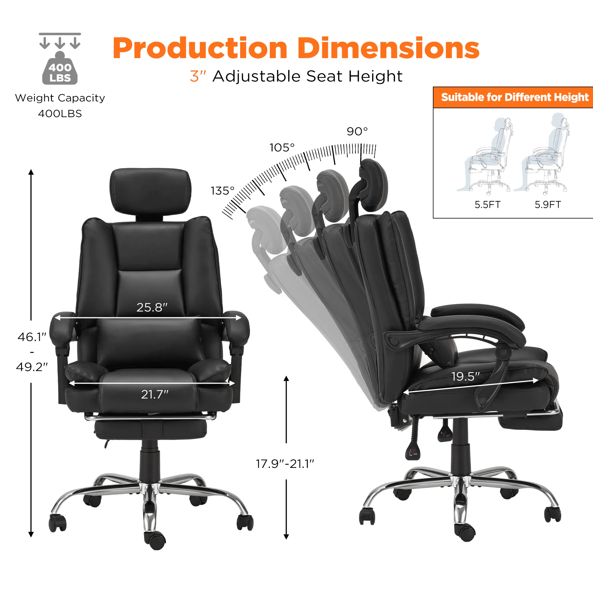 Executive Reclining Adjustable Headrest Office Chair with Footrest Black