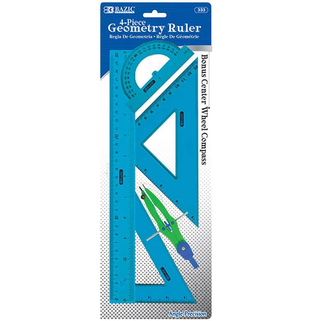 Geometry Ruler Combination Sets with Center Wheel Compass 4-Piece Blue