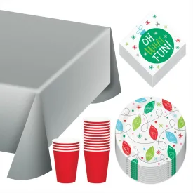 Holiday Whimsy Dessert Party Pack - Christmas Lights Paper Dessert Plates, Beverage Napkins, Red Paper Cups, and Silver Plastic Table Cover (Serves 16)