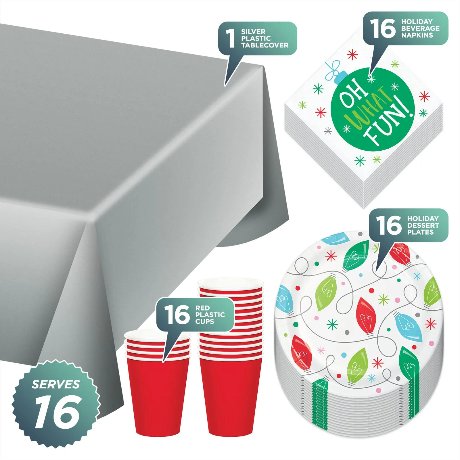 Holiday Whimsy Dessert Party Pack - Christmas Lights Paper Dessert Plates, Beverage Napkins, Red Paper Cups, and Silver Plastic Table Cover (Serves 16)