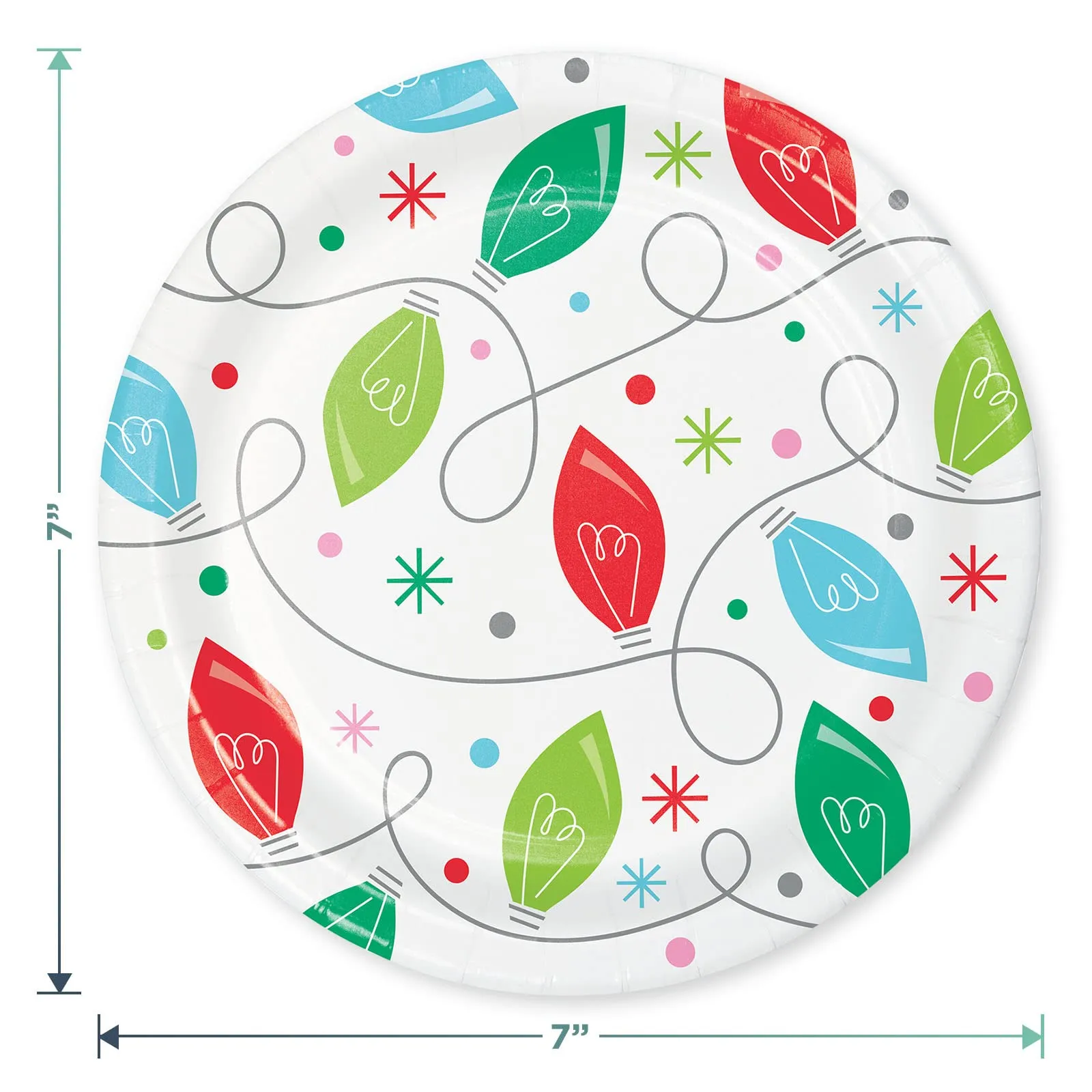 Holiday Whimsy Dessert Party Pack - Christmas Lights Paper Dessert Plates, Beverage Napkins, Red Paper Cups, and Silver Plastic Table Cover (Serves 16)