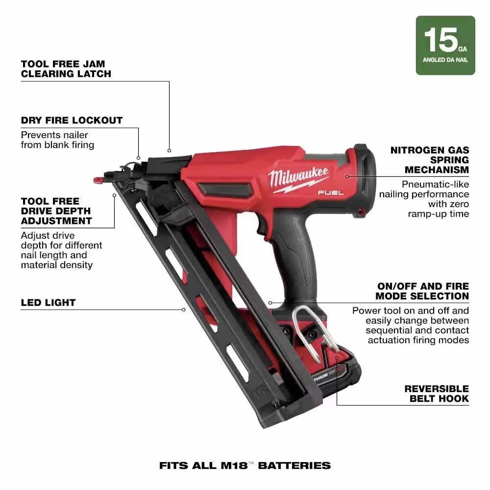 Milwaukee 2839-21HO M18 FUEL Lithium-Ion Brushless Cordless Gen II 15-Gauge Angled Finish Nailer With M18 with 3.0Ah Battery and Charger