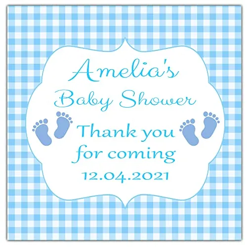 Personalised Baby Shower Stickers Blue Gingham Baby Feet