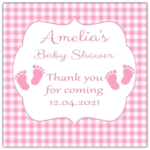 Personalised Baby Shower Stickers Pink Gingham Baby Feet