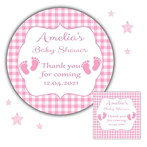 Personalised Baby Shower Stickers Pink Gingham Baby Feet