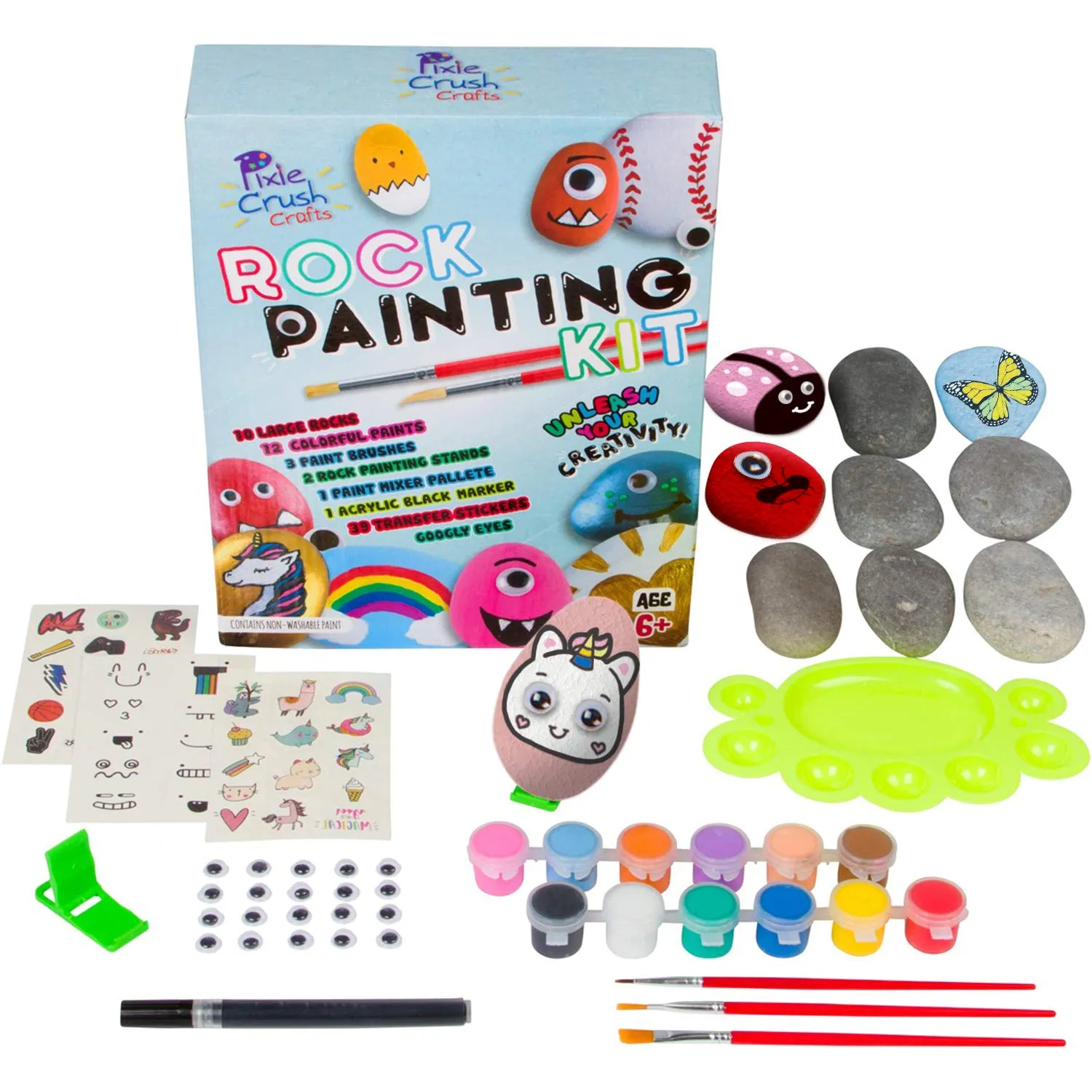 Rock Painting Kit - Set with Extra Large Rocks, 12 Paints, Black Acrylic Marker, Transfer