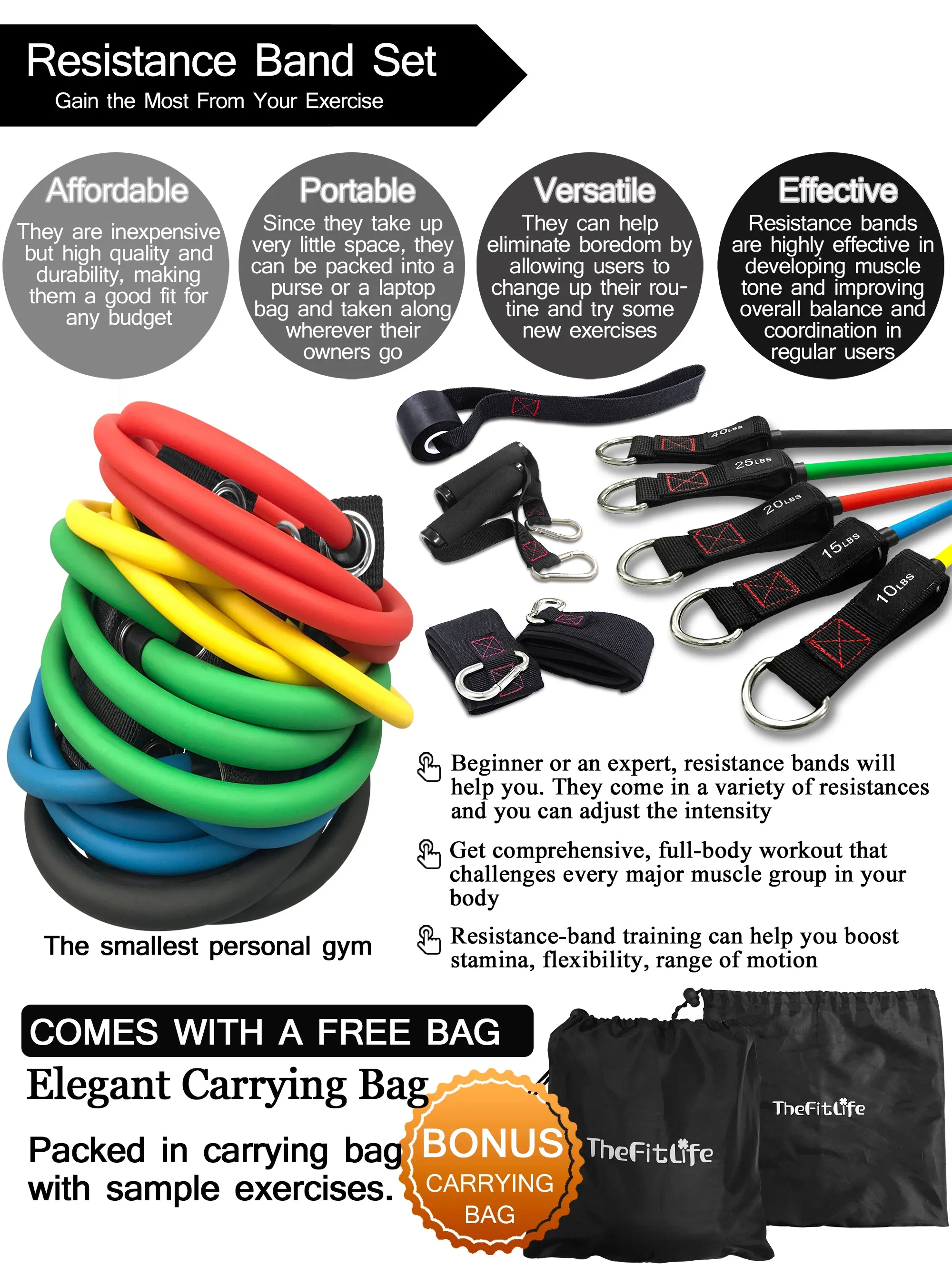 TheFitLife Exercise Resistance Bands with Handles - 5 Fitness Workout Bands Stackable up to 110 lbs, Training Tubes with Large Handles, Ankle Straps, Door Anchor Attachment, Carry Bag and Bonus eBook