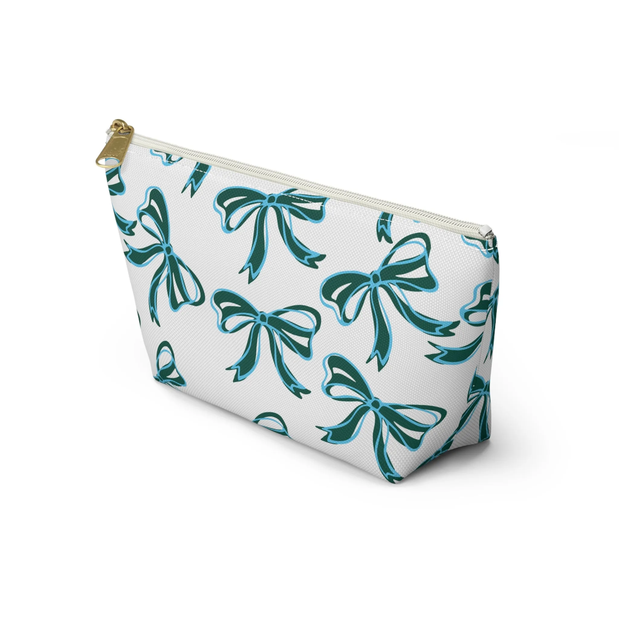 Trendy Bow Makeup Bag - Graduation Gift, Bed Party Gift, Acceptance Gift, College Gift, Tulane, Blue and Green